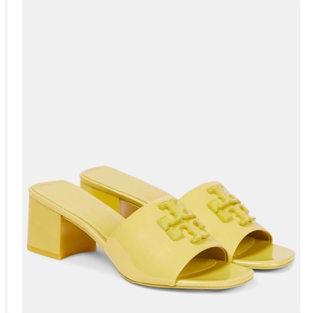 Tory Burch Eleanor Heeled Mules Green patent Leather Block Heel Slide Sandals